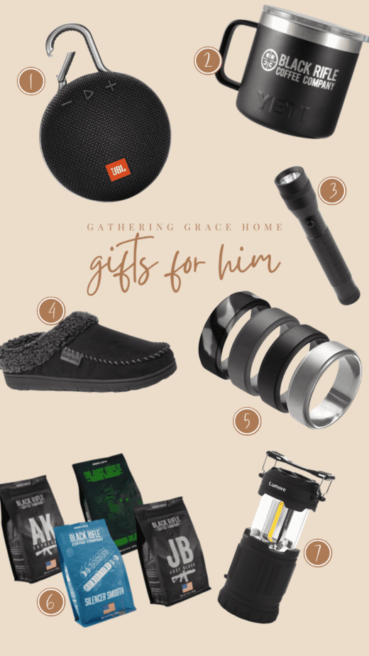 2021 Christmas gifts under $50 for him. Wireless speaker, coffee mug, flashlight, slippers, silicone rings, coffee, and latern.
