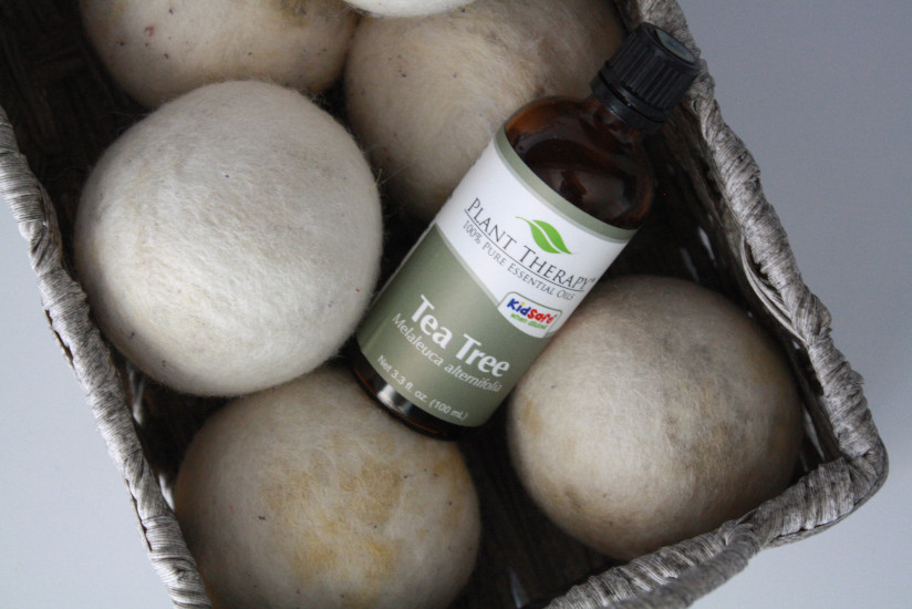 Bottle of Plant Therapy Tea Tree essential oil nestled into a basket of wool dryer balls.