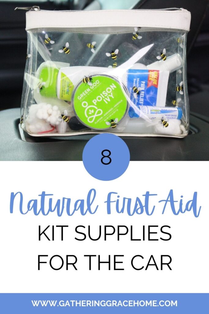 Pinterest pin graphic with the natural first aid kit supplies.