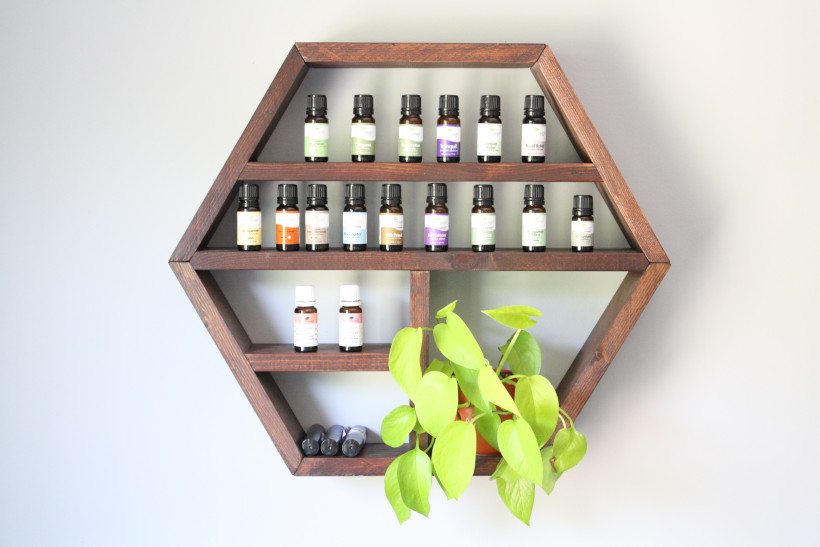 Hexagon oil shelf with Plant Therapy essential oils displayed and a green plant.
