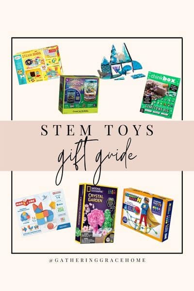 Gift guide graphic displaying all the STEM toys for Christmas presents for kids.