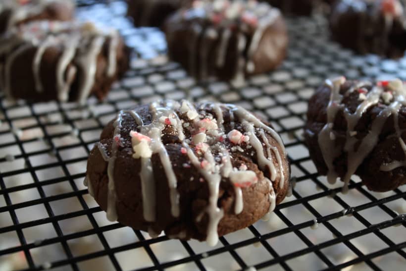 Completed peppermint chocolate cookies on cooling rack.