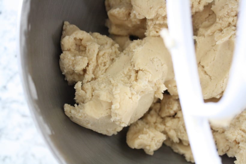 Sugar cookie dough in stand mixer on kitchen counter.