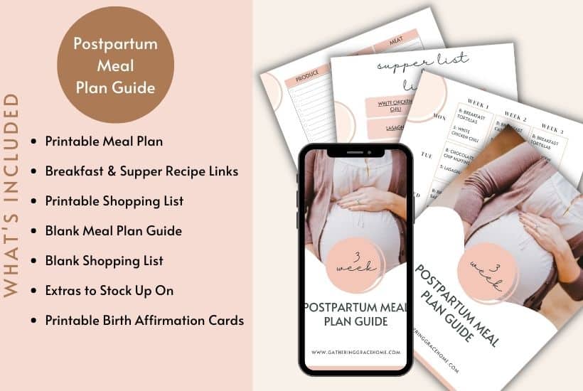 Graphic of free postpartum meal plan guide.
