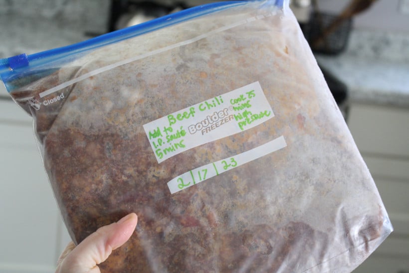 Freezer meal of Beef Chili prepped and frozen.