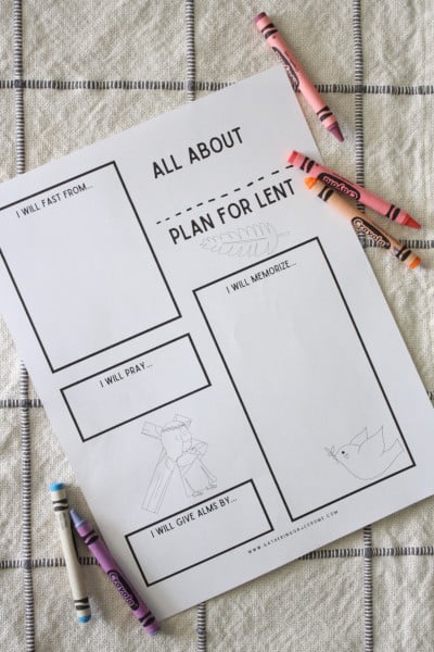 All about my plan for lent printable on table displayed with crayons. Part of the Lent coloring pages bundle.