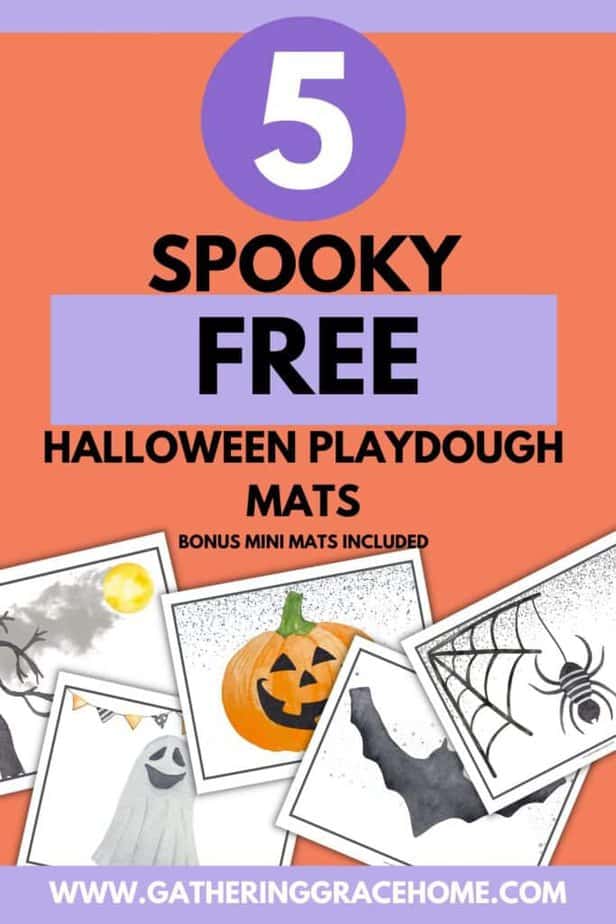 Pinterest pin graphic of Halloween playdough mats free printable. Colors or purple and orange.